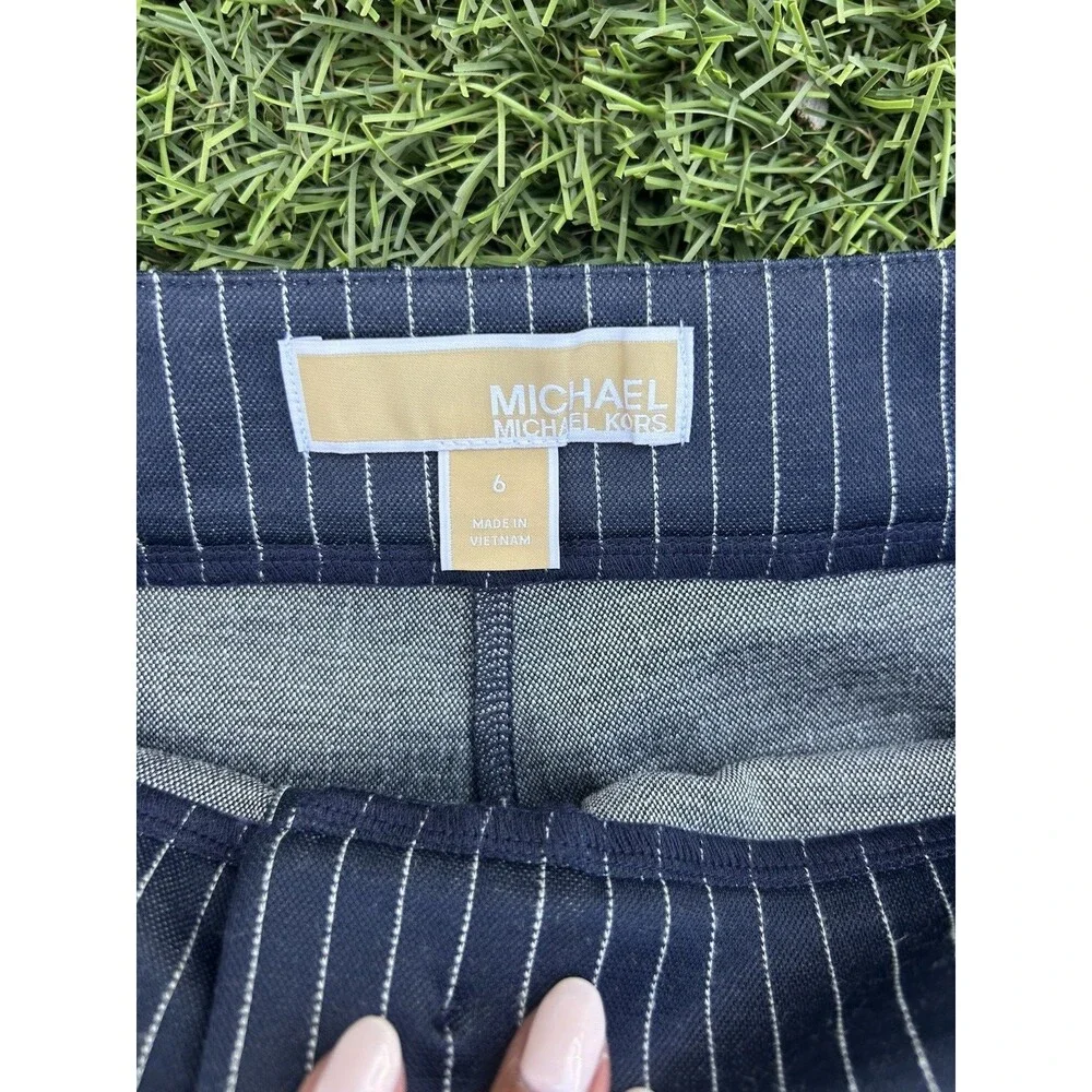 Michael Kors Pinstripe Knit Dress Pants Women's 6 Navy Stretch Career Slacks